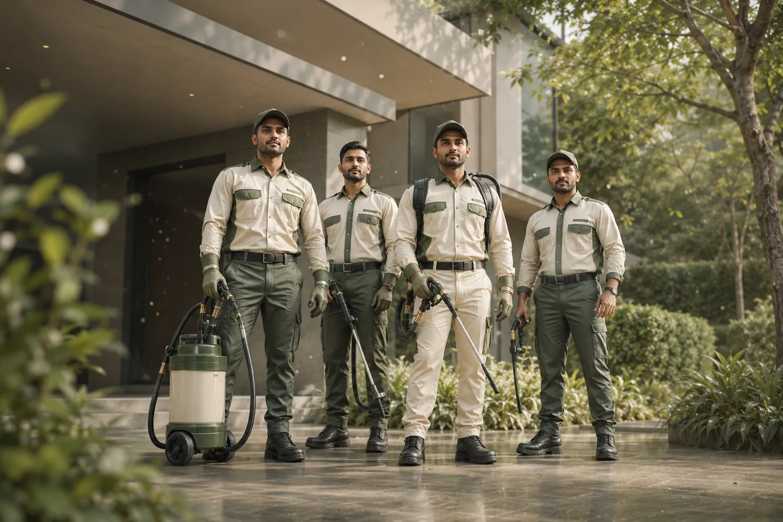 WIDE PHOTO — full team portrait outside the facility, candid